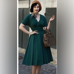 Miss Candyfloss 2XL 50s Athena Dolman Swing Dress in Dark Green